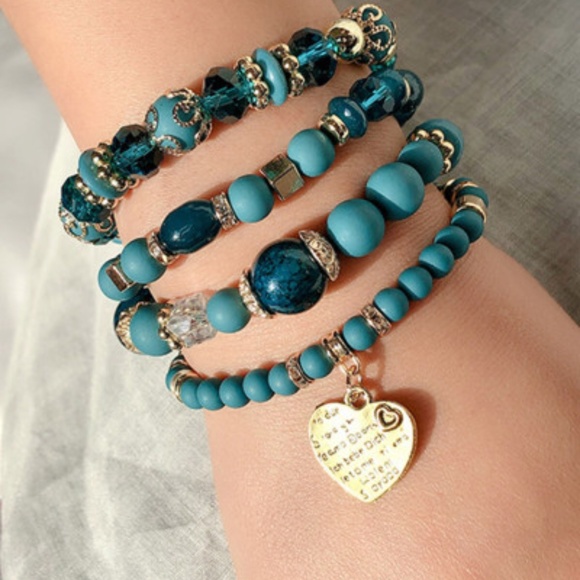 Pretty Blue and Gold Variety Beaded with Heartset of 4 Bracelets! - Picture 1 of 4